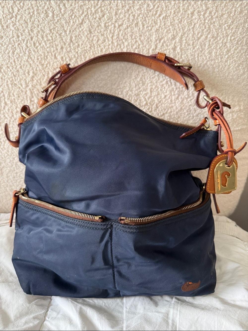 Vintage Dooney and Bourke Navy Shoulder Hobo Bag with Leather Trim